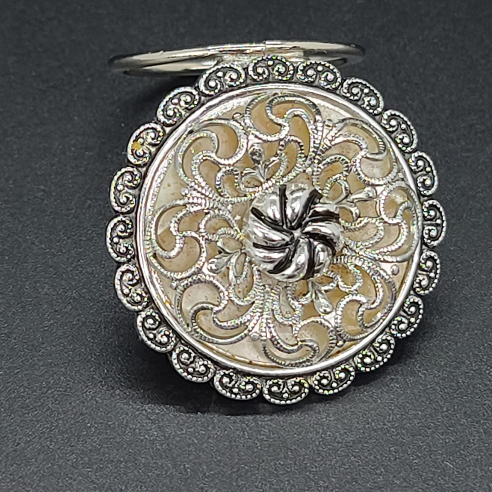 Western Germany Silvertone and Black Scarf Brooch.